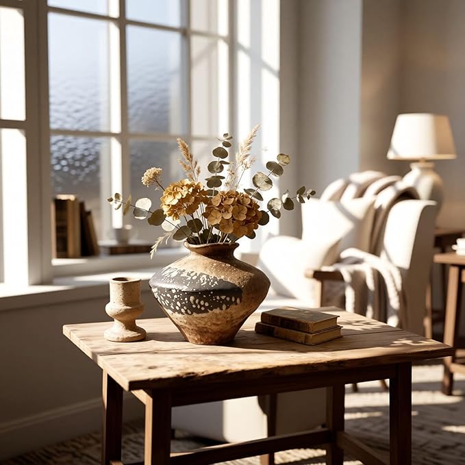 Rusty Vase,Rustic Ceramic Vase,Farmhouse Antique Pottery Vases,Wabi Sabi Decorative Vases for Living Room Decor,Centerpieces,Bedroom, Bathroom (Short)