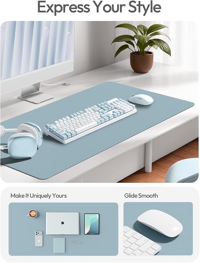 YSAGi Leather Desk Protector, Office Mat, Large Mouse Mat, Non-Slip PU Leather Blotter, Laptop Desk Mat, Waterproof Writing Pad for Office and Home(Ice Blue, 40" x 24")