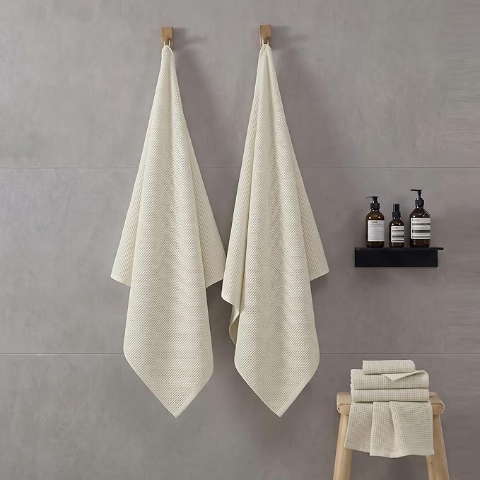 ecolook 6-Piece Waffle Weave Towel Set, 100% Cotton, Lightweight, Absorbent & Quick-Drying, 2 Bath Towels (31×63 in), 2 Hand Towels, 2 Washcloths, Lint-Free for Bathroom, Pool, Gym, Travel - Khaki