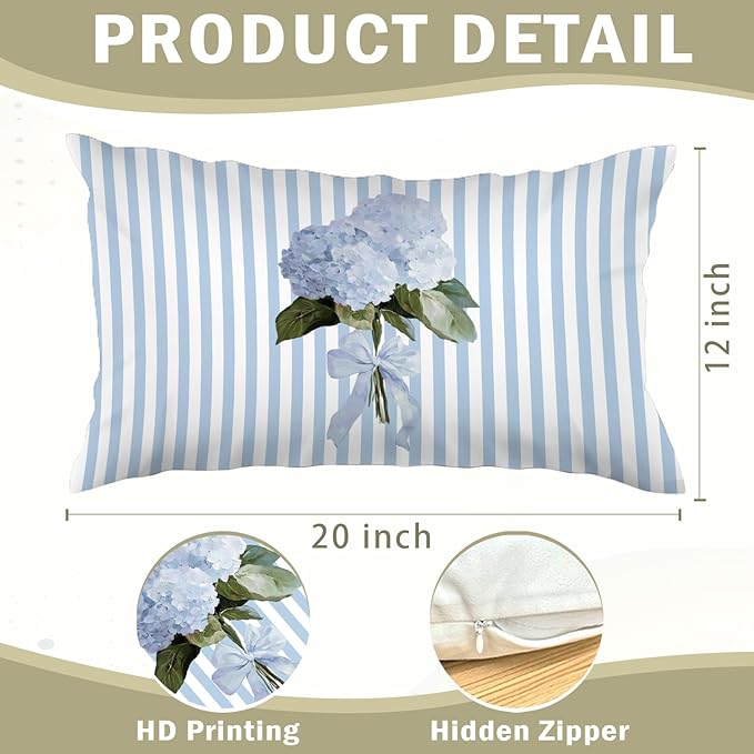 Blue Hydrangea 12x20 Pillow Cover,Blue Hydrangea Decor,Grandmillennial Blueness and Green Botanical Flower Lumbar Throw Pillow Covers for Couch Sofa Home Bedroom Living Room