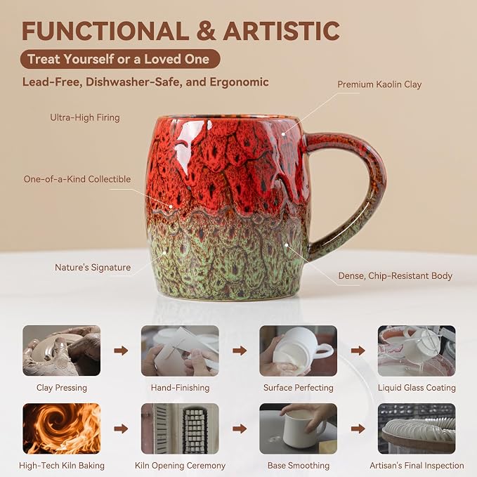 Handmade 22oz Ceramic Coffee Mug, Ergonomic Large Handle, Ideal Gift for Coffee Lovers, Microwave & Dishwasher Safe (Bas-Relief - Red&Green)