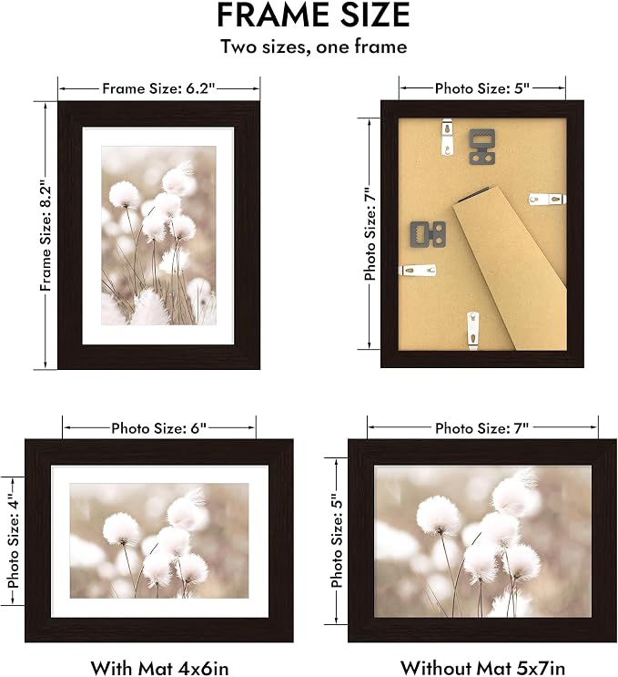 Hongkee 5x7 Oak Wood Picture Frame 1 Pack(Matted 4x6), Real Glass Cover | Black, 5 x 7 Solid Wood Frame for Wall or Tabletop Display - Includes Easel Back, Vertical Hang - Ideal for Home, Office