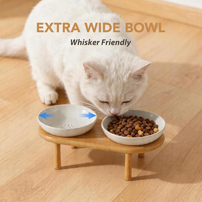 Havniva Elevated Cat Bowls Raised Ceramic Cat Bowl, 5.7” Wide Opening Cat Food Bowl Whisker Friendly Cat Dish Anti-Slip with Bamboo Stand, Shallow Pet Food & Water Bowl for Indoor Cats