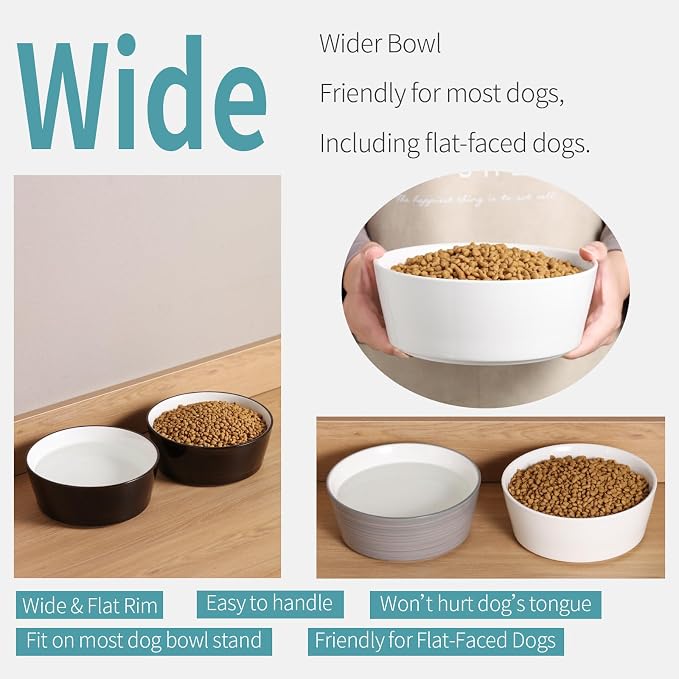 White Elevated/Raised Dog Bowl Ceramic with Wood Stand for Medium Large Breed,Dog Food Water Dish Heavy Wighted,8 in Non Slip Modern Cute Porcelain Pet Bowl Extra Large Wide Mouth