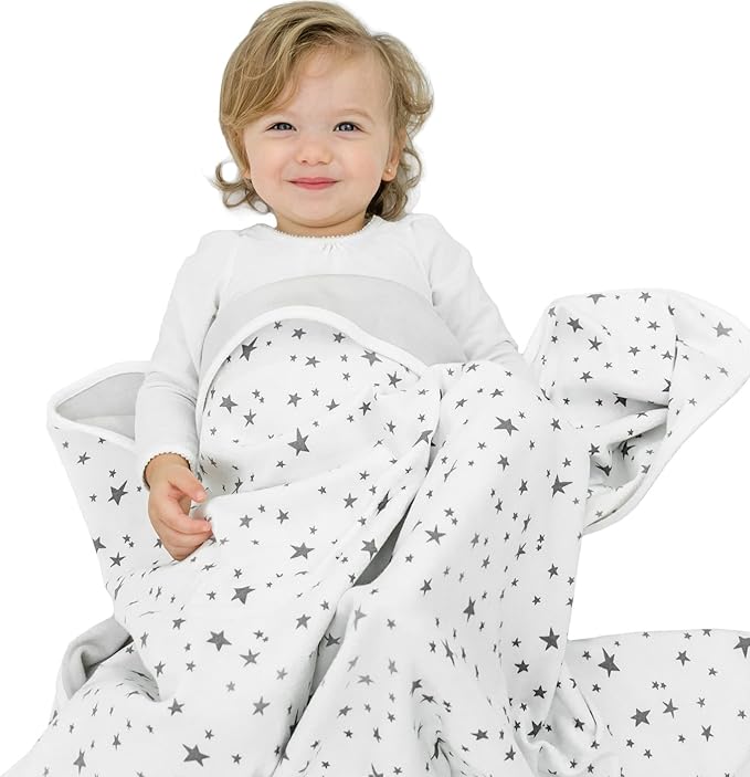 Woolino Toddler Blanket - Merino Wool and Organic Cotton Baby Blanket for Girls and Boys - 4 Season - 52.5” x 40” - Stars Gray