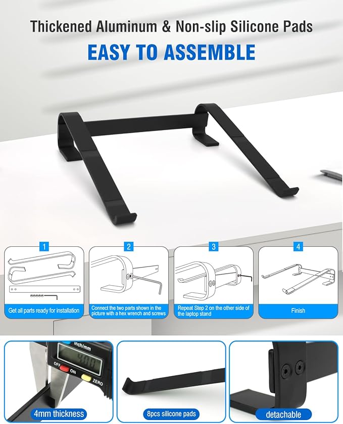Laptop Stand for Desk, Ventilated Aluminum Laptop Riser, Black | Stable Typing Support, Fixed 17° Angle, 2.5 in Lift, Silicone Pads, Open Airflow, Fits Most 11–16 in Laptops, Tool Included