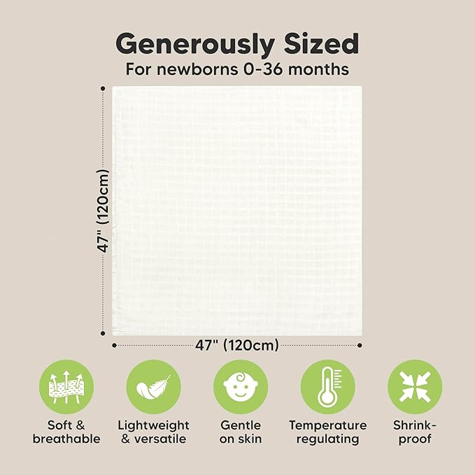4-Pack Muslin Swaddle Blankets for Boys, Girls - Organic Baby Swaddles for Newborns, Soft & Breathable Receiving Baby Blankets for Girl, Boy, Neutral, Newborn Essentials Gift (Soft White)