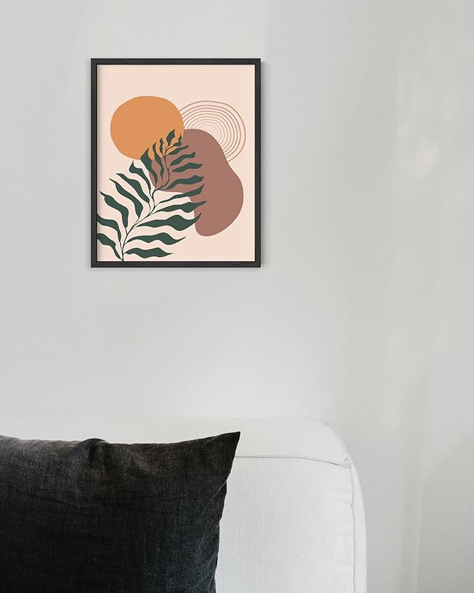 Boho Monstera Leaf Wall Art Abstract Sun Earth Tones Terracotta Mid Century Modern 8x10 Inch Oak Wood Black Framed Minimalist Botanical Print for Living Room Office