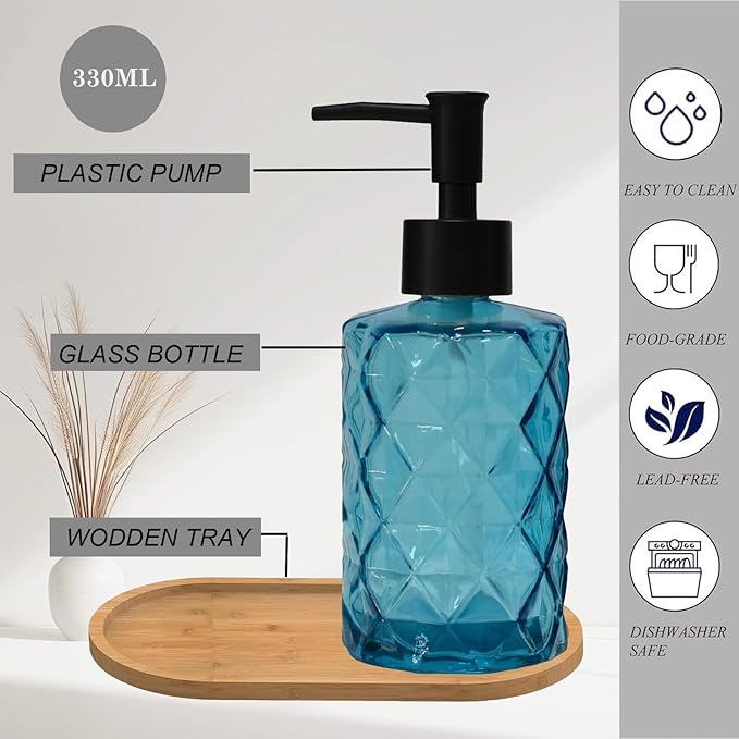 Glass Hand and Dish Soap Dispenser Set of 2 with Plastic Pumps, Bamboo Tray, 12oz Blue Bathroom Soap Dispenser with Diamond for Hand Wash & Dish Wash, Ideal for Bathroom Kitchen Countertop