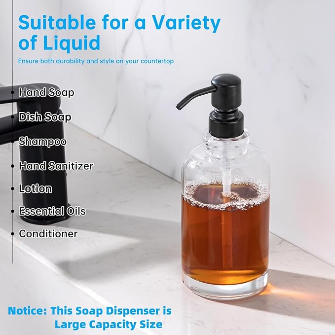 Glass Soap Dispenser Clear Bottle with Black Pump, 17 OZ Liquid Soap Dispenser Cylindrical with Stainless Steel Pump for Dish Hand Soap Bathroom Kitchen Large Capacity
