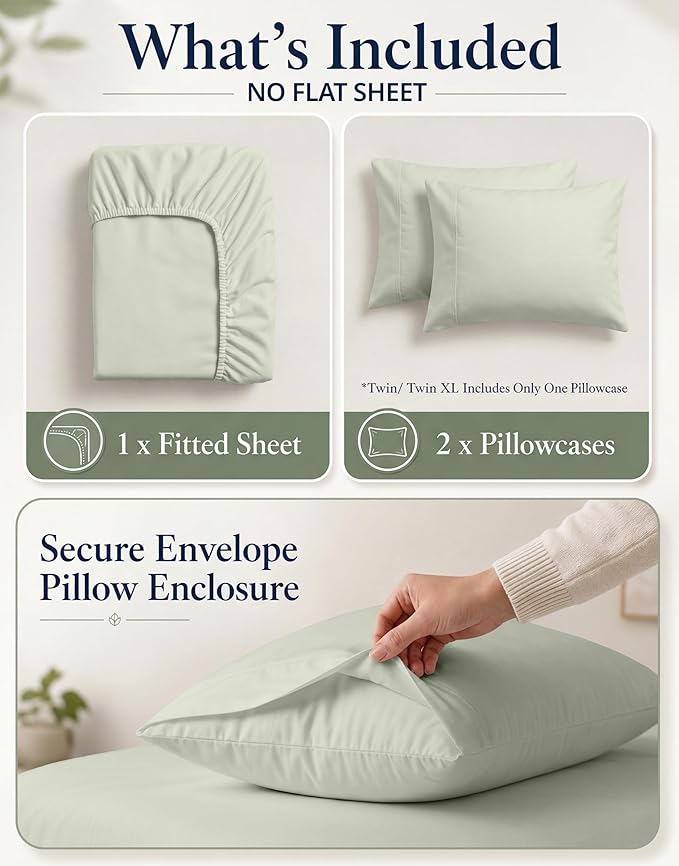 LANE LINEN Twin Size Fitted Sheet & Pillowcase (No Flat Sheet) - 100% Organic Cotton Soft & Breathable Percale Weave For Crisp & Cool Sheets - 15'' Deep Pocket For Snug Fit - GOTS Certified - Mineral
