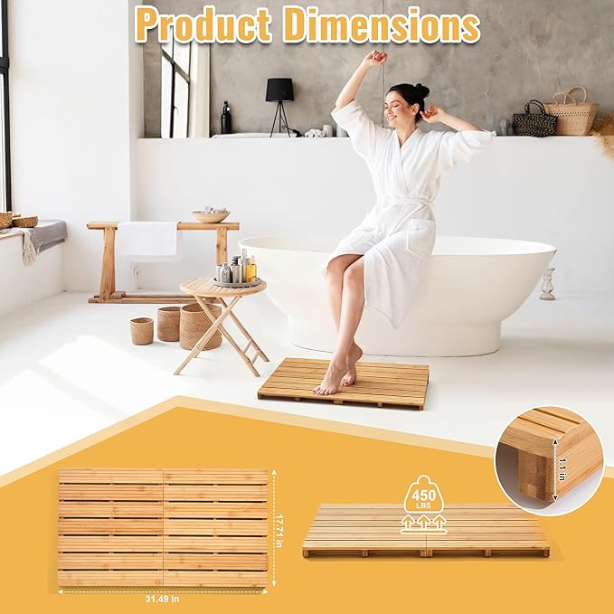 Foldable Bamboo Bath Mat for Shower, 31.49" x 17.71" in Non-Slip Wood Bathroom Rug, Quick-Dry Waterproof Carpet for Indoor Outdoor Use by Sink, Tub, Pool