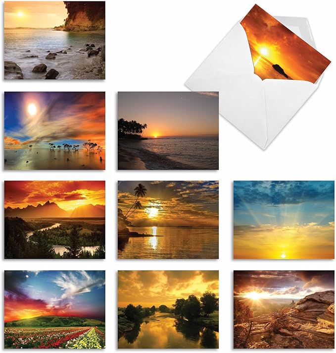 The Best Card Company - Box of 10 All Occasion Cards Blank (4 x 5.12 Inch) - Scenic Landscape Cards Assorted - Sun Settings M1740BN