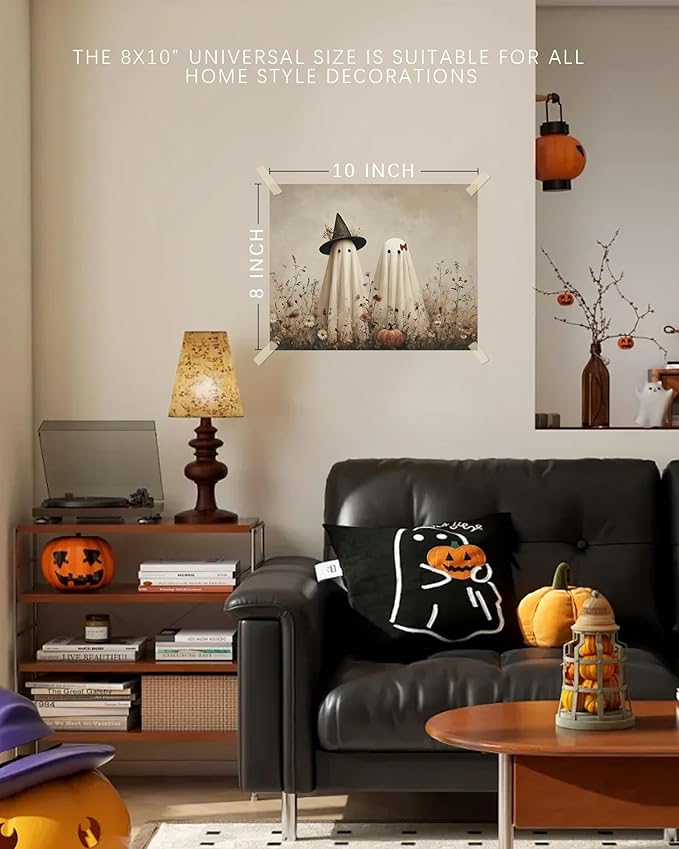 Vodefoad Whimsical Ghost Halloween Print, Two adorable ghosts in hats, Rustic halloween Cottagecore Autumn Art, Hallo ween-themed Home Decor Wall Art for Kitchens, Nurseries, and Entryway Holiday Gift - 8x10Inch Unframe