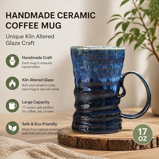 17oz Large Unique Cool Tall Handmade Ceramic Coffee Mug with Comfortable Big handle, Big Pottery Tea Mug, Artisanal Stoneware Coffee cup, Rustic Lead-free Tea Cups, Microwave safe,Black and Blue