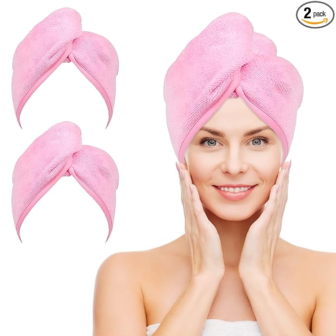 NEXCOVER Hair Towel Microfiber, 2 Pack Pink 9.8 inch X 25.5 inch Hair Wrap,Ultra Absorbent Hair Turbans,Fast Drying Head Towels for Women Wet Hair,Long,Curly,Thick,Frizzy Hair