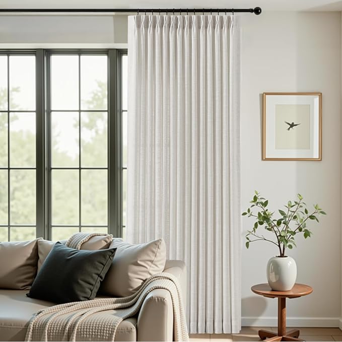 Pinch Pleated Sheer Curtains 84 Inches Long for Living Room, Linen Blend Curtain Rustic Textured Light Filtering Back Tab Drapes with Hook Rings for Bedroom Office, Beige White, W40xL84, 2 Panels
