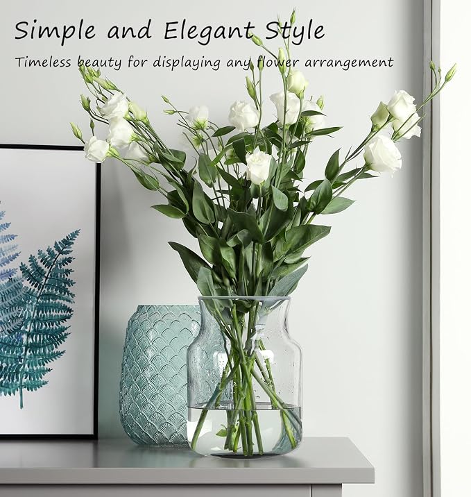 Clear Glass Vase, Large Flower Vase, 8-inch Glass Flower Vase for Plants, Wide Mouth Vase for Home, Wedding, Living Room, Dining Table