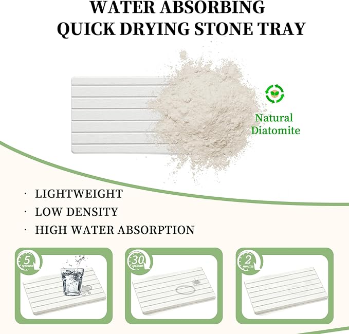 2 PCS Water Absorbing Diatomite Coasters, Stone Drying Mat for Kitchen Counter, Quick Dry Stone Mat Trays for Bathroom Kitchen Counter, Soap Dish Tray Used for Hand Soaps (White-B, 8.3" x 4")