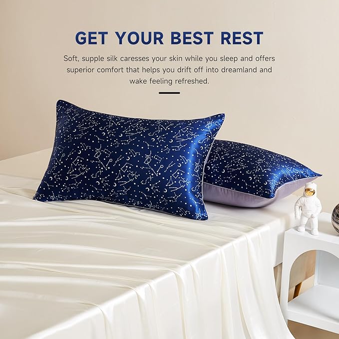 THXSILK Mulberry Silk Pillowcase for Hair and Skin Health, Mulberry Silk Pillowcase with Hidden Zipper, Breathable and Natural, Sleep Pillow Case(Standard 20"x26", Navy Blue Constellation Pattern)