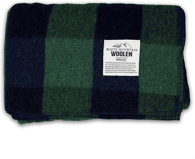 Camp Throw Blanket - 80% Recycled Wool - Buffalo Plaid - Warm Throw Blanket - Thick - Washable - 62W x 80L - Green and Blue Plaid