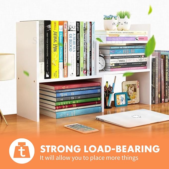 PowerKing Wood Desktop Organizer, Adjustable Display Shelf Rack for Home Office Desktop Storage Supplies Organization (White)