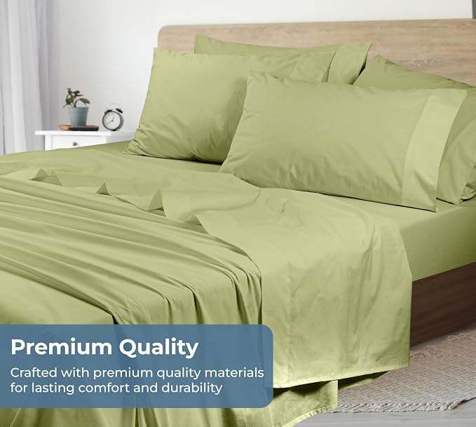 ROYALE LINENS 100% Organic Cotton King Sheet Set - Percale Weave - 4 Pieces Set - 1 Flat, 1 Deep Pocket Fitted Sheet and 2 Pillowcases - Sage Green Bed Sheets - Sábanas King - Crisp Cool (Sage Green)