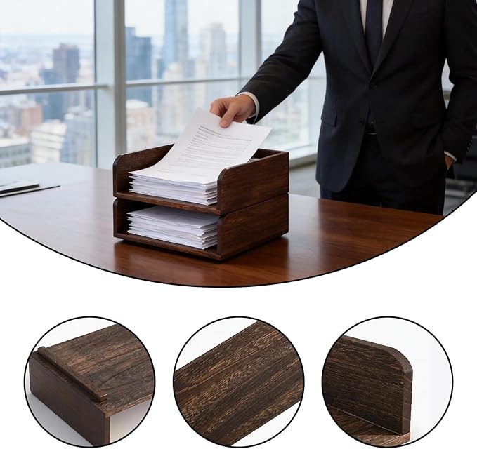 Wooden Desk Organizer, 2-Tier Stackable Wood Inbox Tray for Office, Home & School