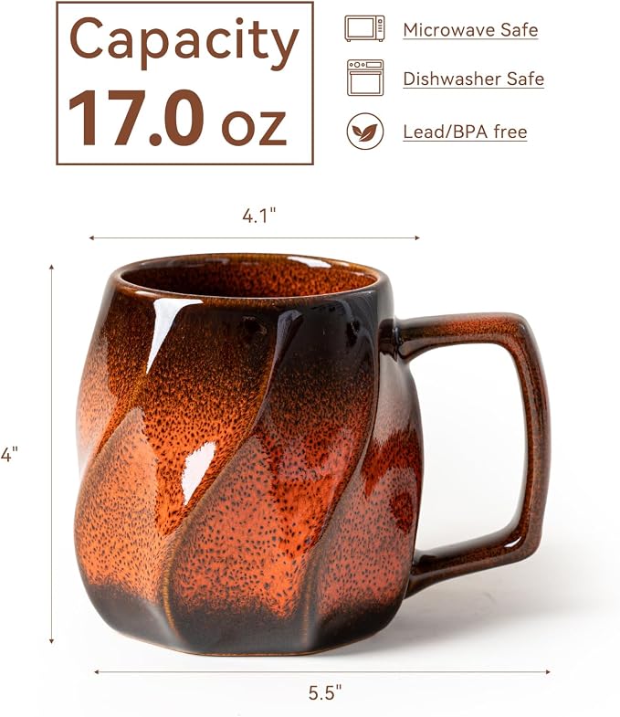 Magma Hearth Ceramic Coffee Mug - 17 oz Unique Reactive Glaze Coffee Cup with Ergonomic Large Handle, Ceramic Mug for Office Home Gift for Men Women