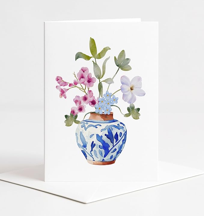 Ginger Jar with Wildflowers Greeting Cards - Set of 10 All Occasion 5x7 Note Cards with Envelopes. Blank Inside. Hand-Drawn Watercolor Floral Bouquet in Blue Chinoiserie Vase.