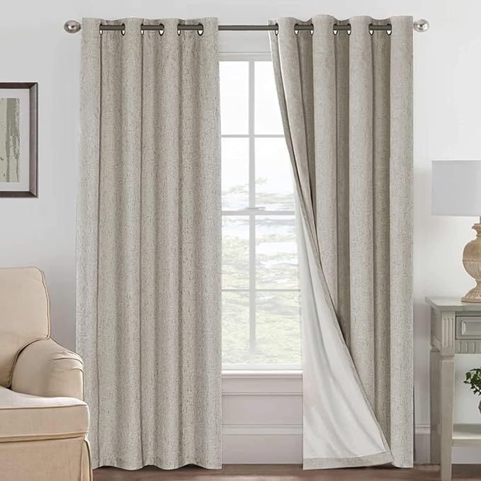 H.VERSAILTEX Blackout Curtains Linen Curtains 120 inches Long 100% Black Out Curtains for Bedroom Windows, Textured Linen Look Draperies Grommet with White Liner, 2 Panels, Stone