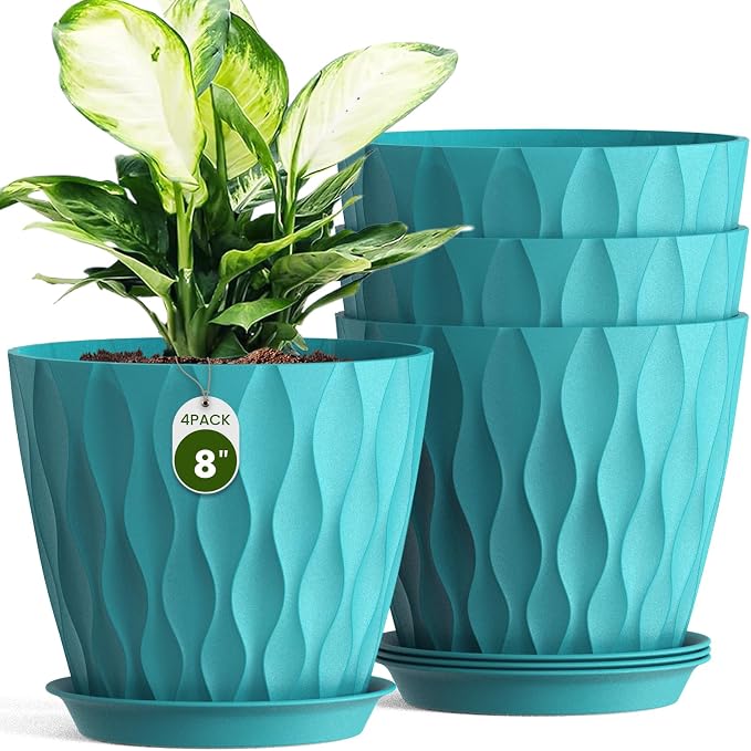 8 Inch Plant Pots 4 Pack Plastic Planters with Drainage & Saucers | 8 inch 4 pack plastic plant pots with 3D water ripple texture, drainage holes and saucers for indoor outdoor plants