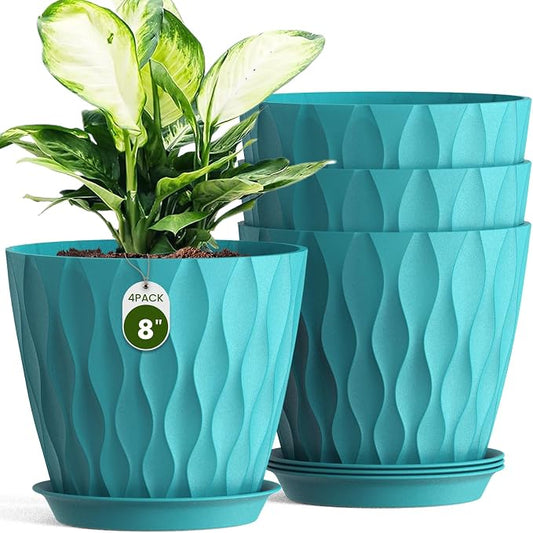 8 Inch Plant Pots 4 Pack Plastic Planters with Drainage & Saucers | 8 inch 4 pack plastic plant pots with 3D water ripple texture, drainage holes and saucers for indoor outdoor plants