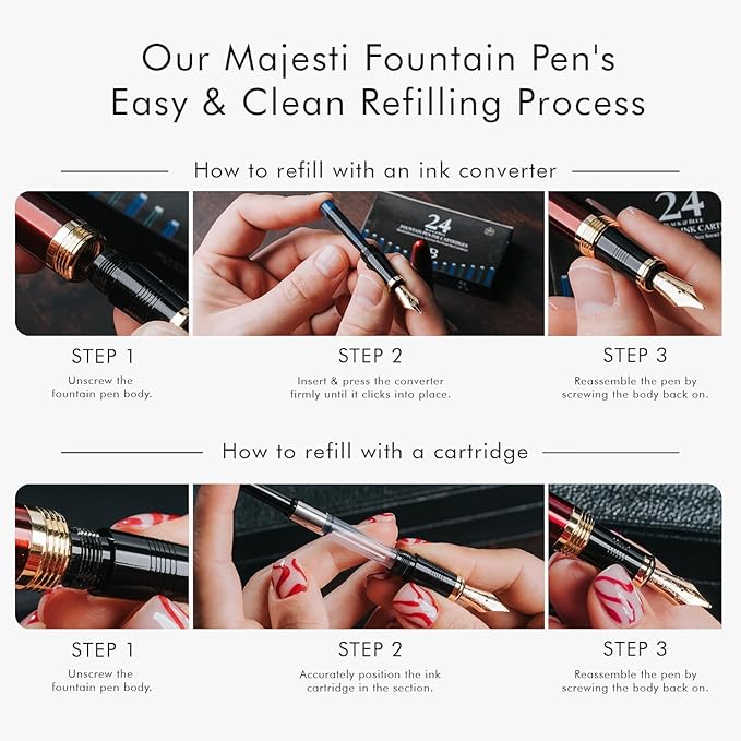 Wordsworth & Black Majesti Fountain Pen-(Red), Luxury Case, 24K Gold Finish; 18K Gilded Fine Nib- Ink Cartridges, Refillable Ink Converter-Calligraphy Pen-Best Business Gift Set for Men & Women