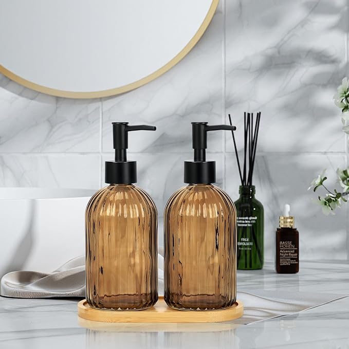 Glass Soap Dispenser Set with Wood Tray, Glass Soap Dispenser with Plastic Pump, Hand and Dish Set for Bathroom Decor (Amber)