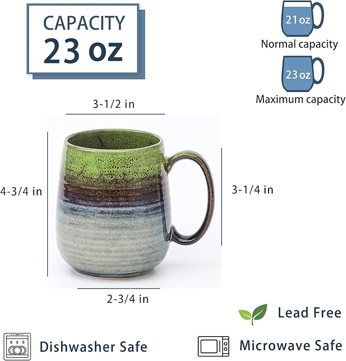 Large Coffee Mugs, Extra Large Ceramic Coffee Mug, 23 oz Handmade Pottery Mug, Big Tea Cups with Handle for Office and Home, Dishwasher and Microwave Safe (Light Green)