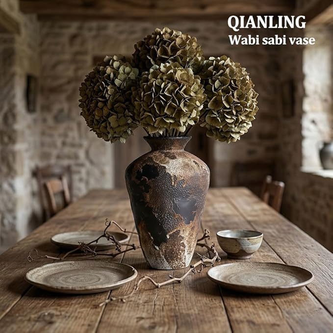 Wabi Sabi Decor Rusty Vintage Vase - 8.7" Tall Rustic Farmhouse Wabi Sabi Vase for Centerpiece, Pottery Stone Flower Vases for Home Decor, Table, Living Room, Bedroom, Bathroom, Kitchen (Smoky Earth)