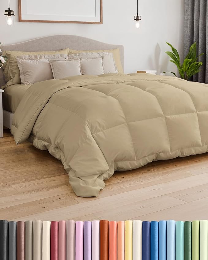 Queen Size, Beige Alternative Down Comforter - Warm, Lightweight & Breathable Hotel Quality Bedding Set for Men, Women, Kids & Teens - All Season Oversized Cooling Microfiber Duvet Insert Comforter