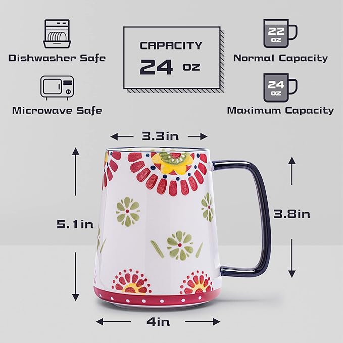 Extra Large Ceramic Coffee Mug,24 Oz,Oversized Tea Cup for Home and Office,With Big Handle,Dishwasher and Microwave Safe (24 Oz Handcrafted Sunflower)