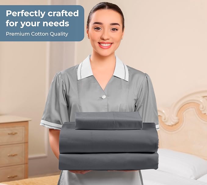 ROYALE LINENS 100% Organic Cotton Twin XL Sheet Set - Percale Weave - 3 Pieces Set - 1 Flat, 1 Deep Pocket Fitted Sheet and 1 Pillowcases - Grey Bed Sheets - Sábanas Twin XL - Crisp Cool (Grey)