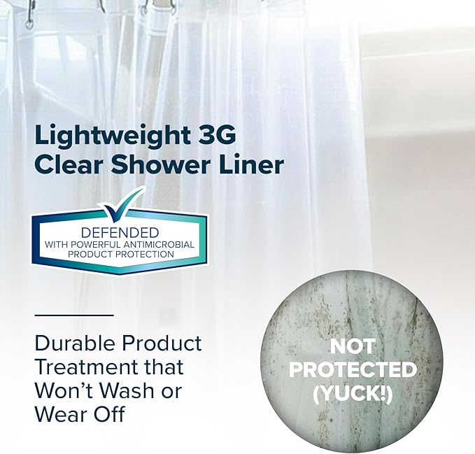 SlipX Solutions Protected Shower Curtain Liner, 3G Lightweight, 70"x72", Clear
