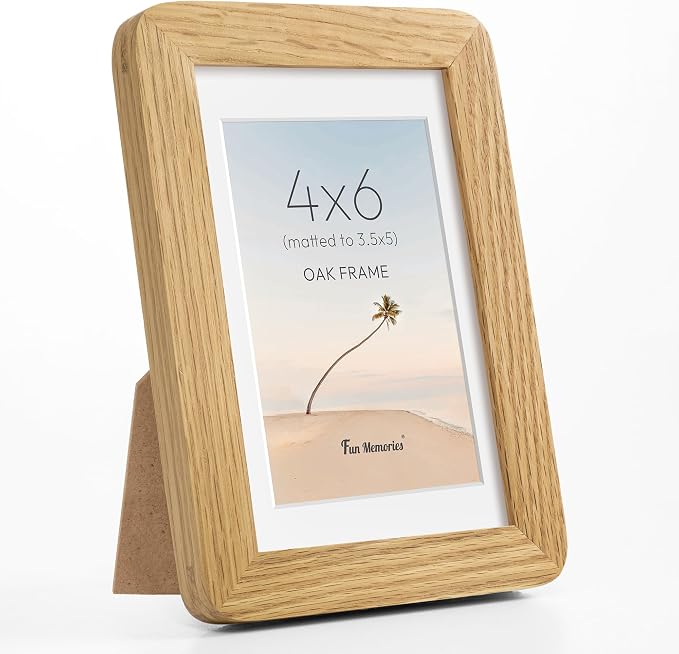 Fun Memories 4x6 Picture Frame - Solid Oak Wood Frame, Handcrafted 4x6 Photo Frame Matted to 3.5x5 with Real Glass, Wall or Tabletop Display, 4 By 6 Photo Frame Wood, Natural Oak
