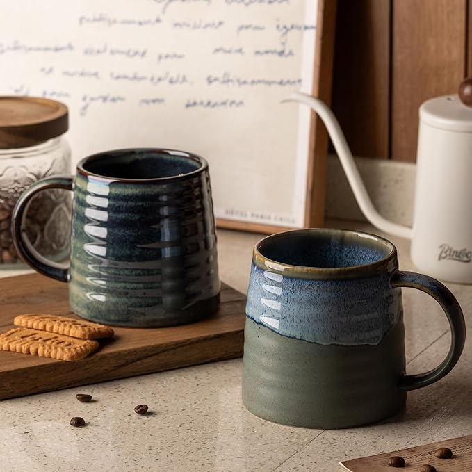15.5 Oz Large Reactive Glaze Ceramic Mug, Heavy Weighted Stoneware Coffee Cup, Wide Base, Thick Wall Big Tea Cup with Custom Package Box, Microwave & Dishwasher Safe (Dark Green)