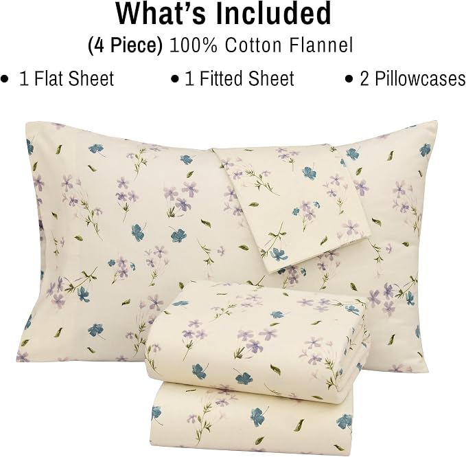RUVANTI Flannel Sheets California King Size - 100% Cotton Brushed Cal King Bed Sheets Set - Deep Pockets 14 Inches - All Seasons Breathable & Extra Soft - Warm & Cozy, 4 Piece, Jasmine Stamp Cream