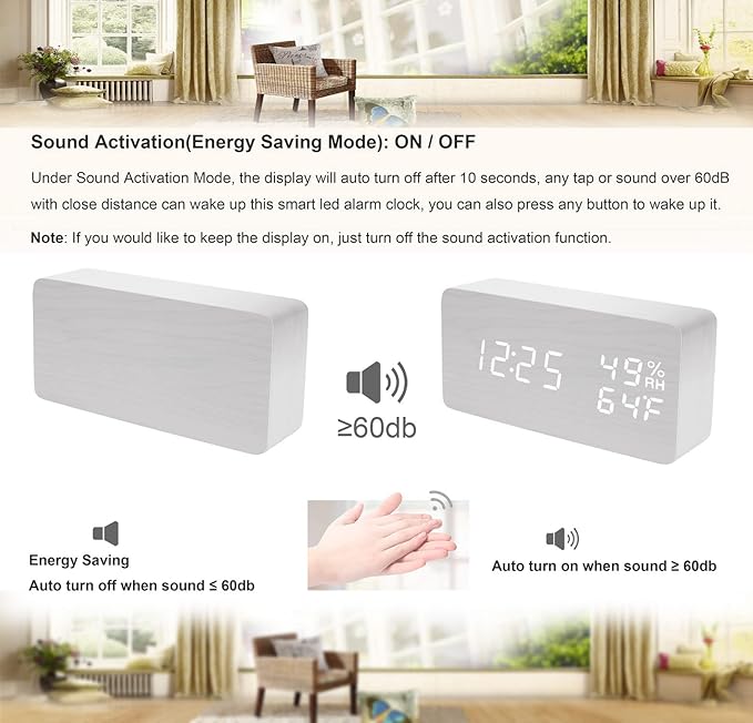 Alarm Clock Wood Digital Clock for Bedroom Snooze Modern LED Desk Clock Display Time Temperature Humidity Brightness Adjustable for Kids Teens Home Office White