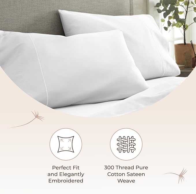 100% Organic Cotton Pillow Cases King Size Set of 2-100% Cotton Pillowcases GOTS Certified 300 Thread Count - Naturally Cooling Comfortable Breathable & Soft Pillow Cases (White, King)