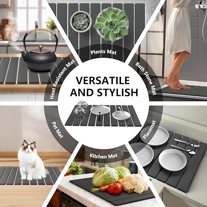 Large Stone Dish Drying Mat for Kitchen, Collapsible Diatomaceous Earth Drying Pad, Ultra Absorbent Instant Dry Kitchen Countertop Mat for Dishes, Bottles & Cups, Space-Saving, Fits Any Décor, 24"×16"