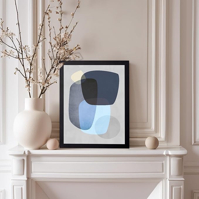 Monem Art Abstract Blue Shapes Print - Scandinavian Minimalist Art Poster - Wall Decor for Living Room, Bedroom or Office - 8x10 Black Framed Wall Art by Mareike Bohmer