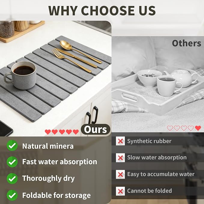 2 PCS Gray Large Stone Dish Drying Mat for Kitchen Counter,diatomaceous earth drying mat kitchen，stone dish drying mat，folding marble dry dishes for Dishes, Cups and Utensils（20"×14" & 8"x4"），