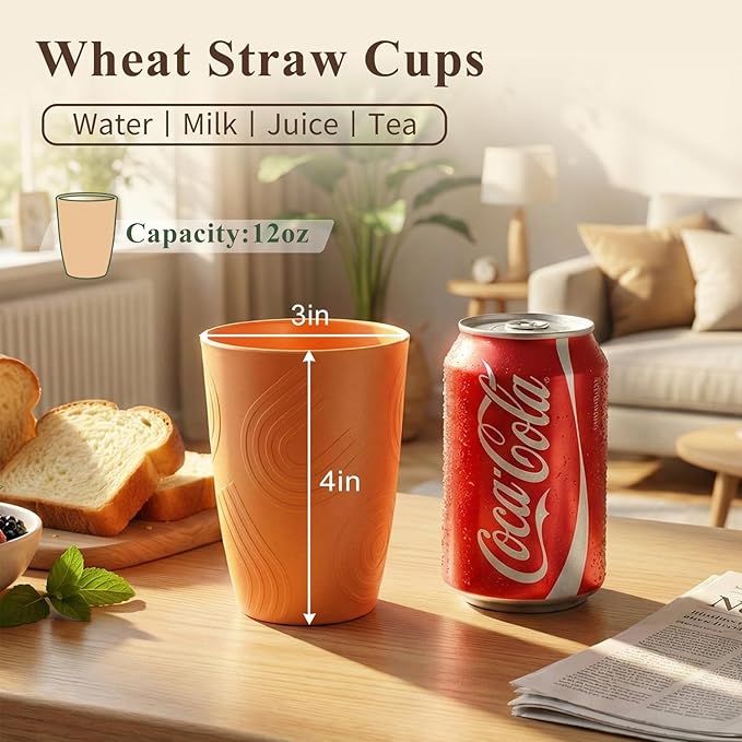 12oz Wheat Straw Cups Set of 6, Alternatives to Plastic Cups Reusable, Unbreakable Drinking Glasses, Microwave & Dishwasher Safe Drinking Cup, Small Water Cup for Kitchen, Party (Multicolor)